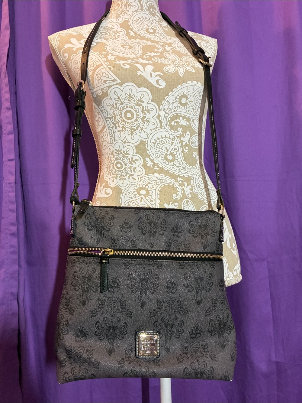 Dooney & Bourke Black Haunted Mansion Patterned Crossbody with Gold Hardware